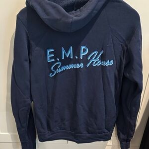 “E.M.P. Summer House” Navy Zip-Up Hoodie with White Accents